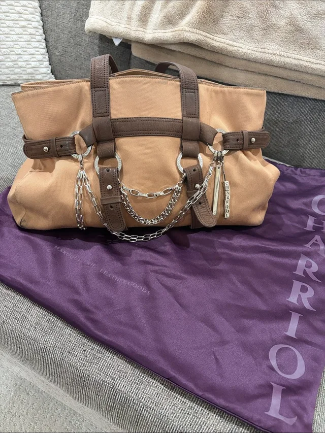 Charriol Tan And Brown Canvas With Chain-Accent Tote Bag in red|brown|neutral Canvas from Poshmark, photo 1 of 1