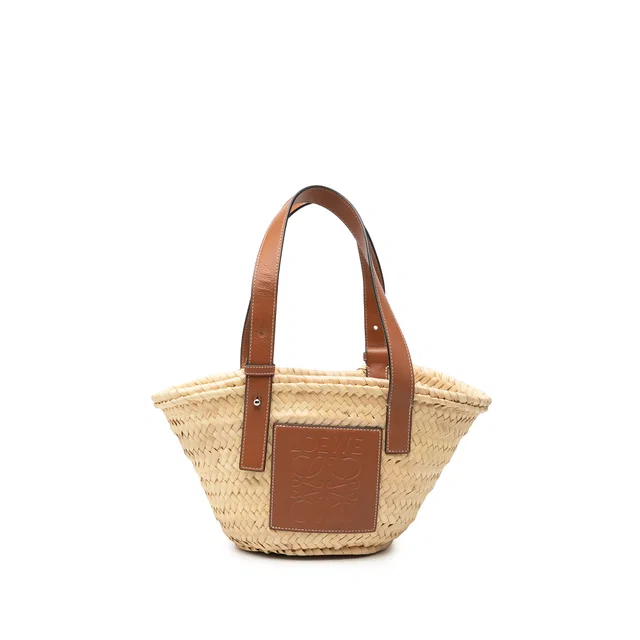 Beige LOEWE Small Raffia Anagram Basket Tote in Beige Raffia from Designer Revival