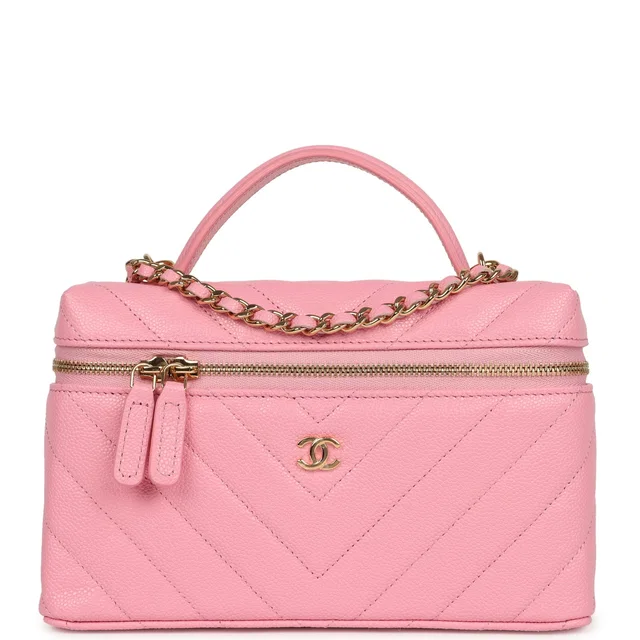 Chanel Sleek Chevron Top Handle Long Vanity Case in Pink Caviar leather from Madison Avenue Couture