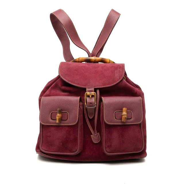 Red Gucci Large Suede Bamboo Drawstring Backpack in Red Suede from Designer Revival