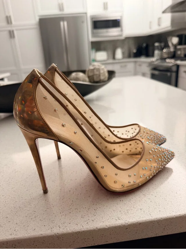Christian Louboutin Nude Mesh Crystal-Studded Pointed-Toe Pumps in brown|neutral from Poshmark