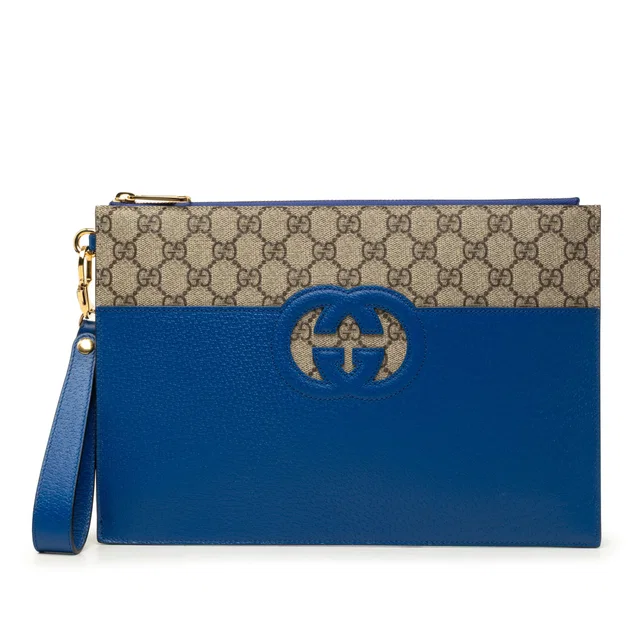 Blue Gucci GG Supreme and Calfskin Cut Out Interlocking G Clutch in Blue Calfskin from Designer Revival