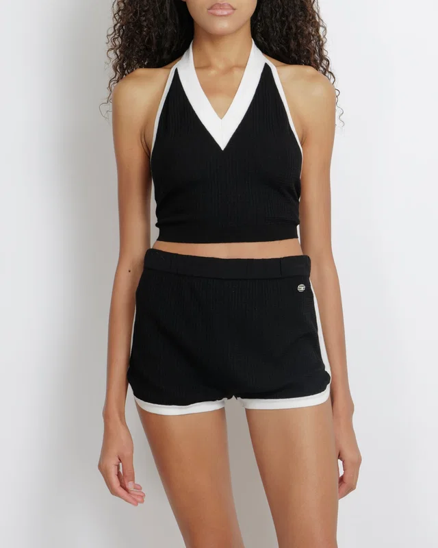Chanel 24/C Black Cashmere Top and Shorts Set with White Trim Details and Black and White Striped… in Black Cashmere from Sellier