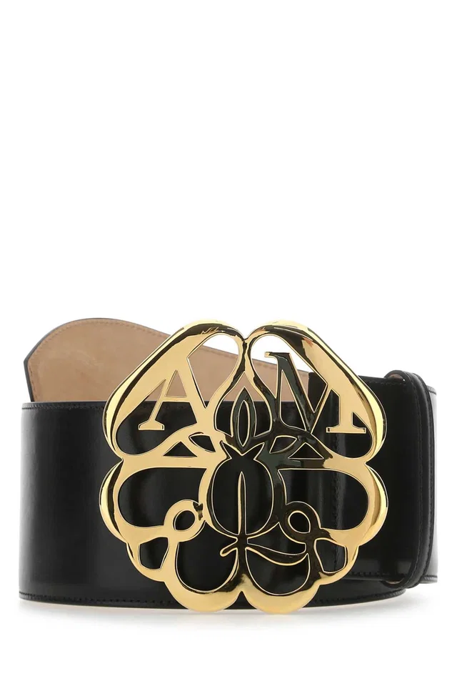 Alexander McQueen Ornamental Buckle Leather Belt — Black in Black Leather from HEWI