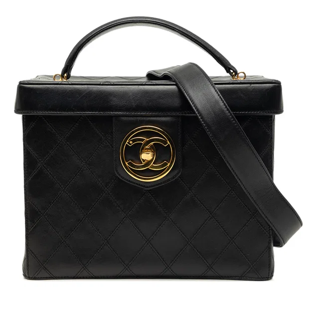 Black Chanel CC Quilted Lambskin Top Handle Vanity Case Satchel in Black Lambskin from Designer Revival