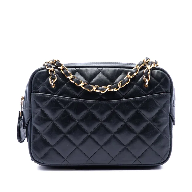 Black Chanel Mini CC Quilted Lambskin Pocket Chain Camera Bag in Black Lambskin from Designer Revival