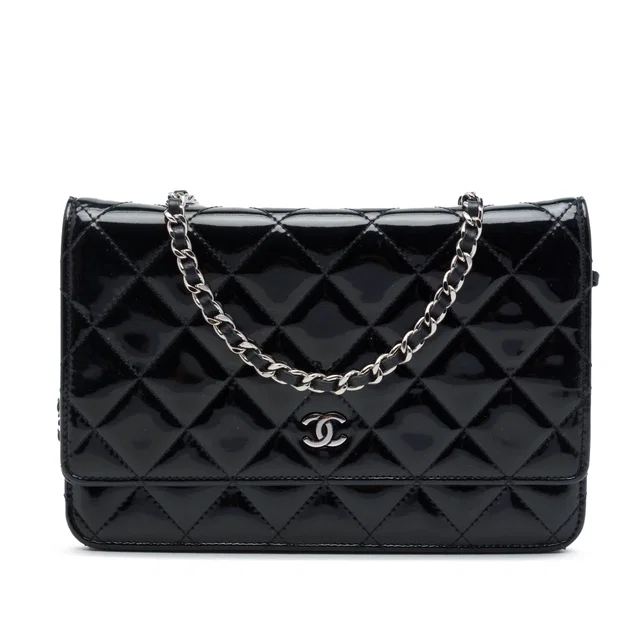 Black Chanel CC Quilted Patent Wallet On Chain Crossbody Bag in Black Patent leather from Designer Revival