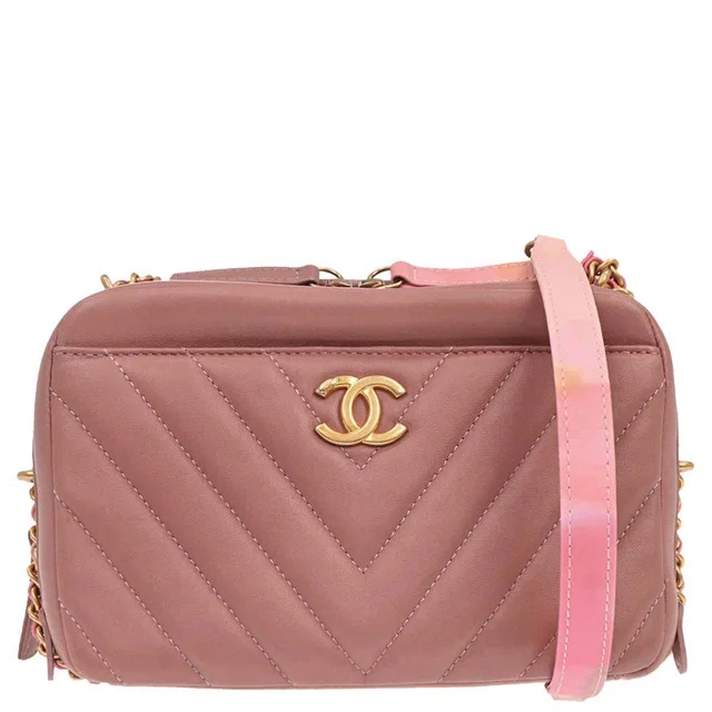 Chanel 2018 Pink Lambskin Chevron Camera Bag Mini in Pink Lambskin from AMORE Vintage Tokyo