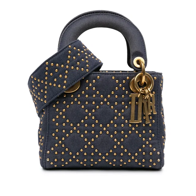 Blue Dior Mini Denim Cannage Studded Supple Lady Dior Satchel in Blue Denim from Designer Revival