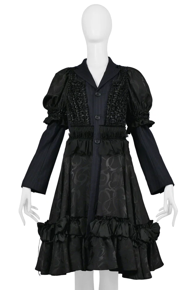 Comme des Garçons Navy Pinstripe & Black Ribbon Fancy Coat Dress 2006 in Black Wool from Resurrection Vintage