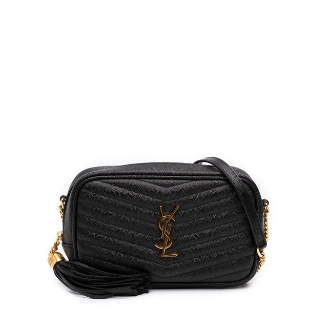 Black Saint Laurent Mini Grain de Poudre Chevron Monogram Lou Camera Bag in Black Leather from Designer Revival