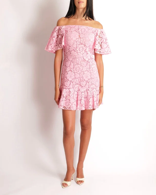 Valentino Garavani Pink Floral Lace Off-Shoulders Mini Dress with Ruffled Hem Detail Size IT 40 (UK 8) in Pink Silk from Sellier