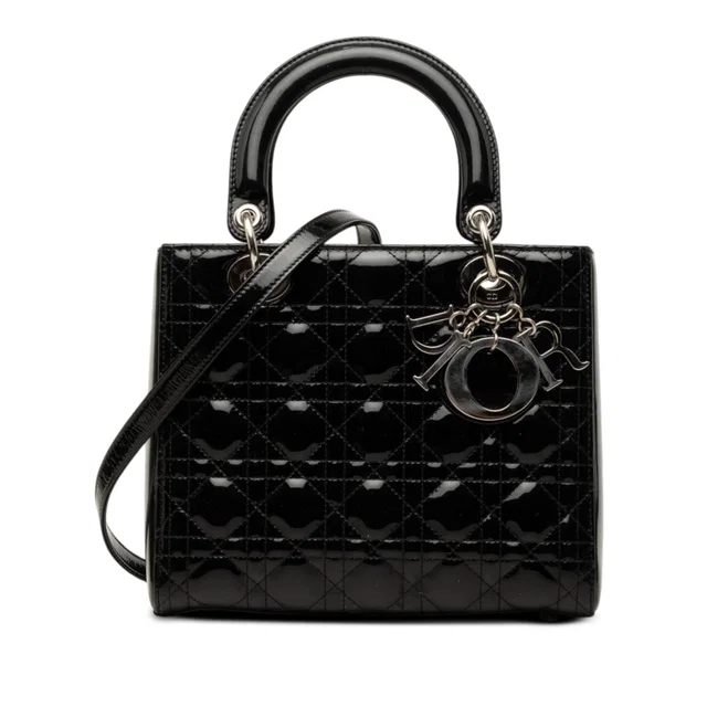 Black Dior Medium Patent Cannage Lady Dior Satchel in Black Patent leather from Designer Revival