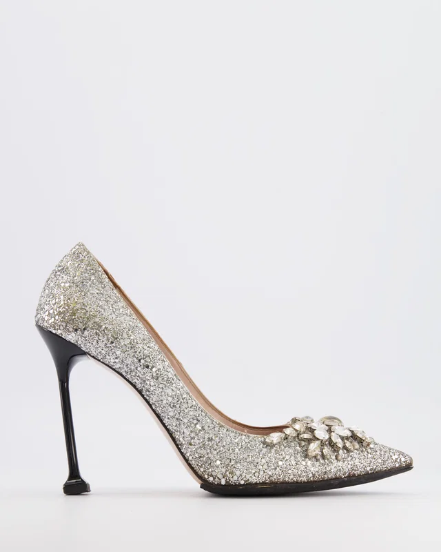 Miu Miu Silver Glitter Pumps with Crystal Embellishments Size EU 40 in Silver from Sellier