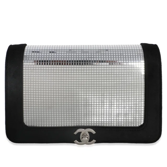 Chanel Black Velvet Mirror Sequin Wallet On Chain Bag in Black Velvet from myGemma