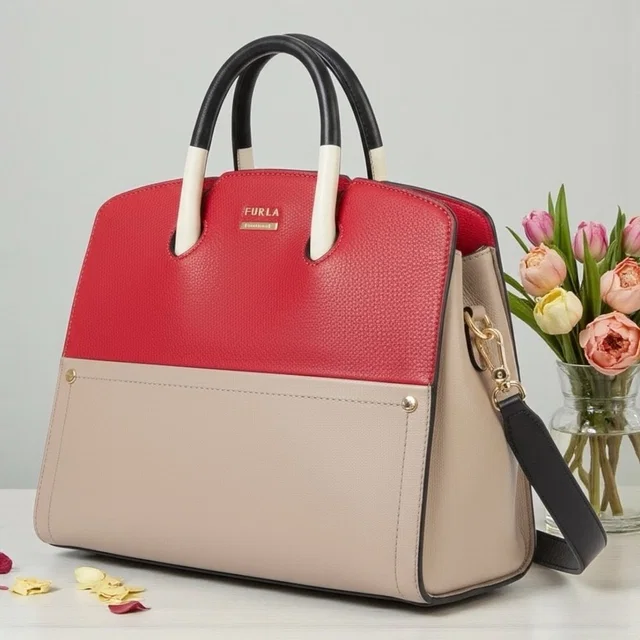 Furla Leather Color Block Satchel Cross Body Tote Hand Bag in red Leather from Poshmark