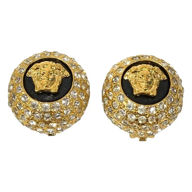 Versace Gianni Vintage Medusa Rhinestone Huge Earrings Gold Plated in Gold from The Reluxe