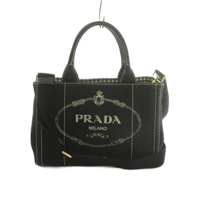 Prada 2-Way Canapa Shoulder Bag Tote Canvas Logo Print Black in Black Canvas from The Reluxe