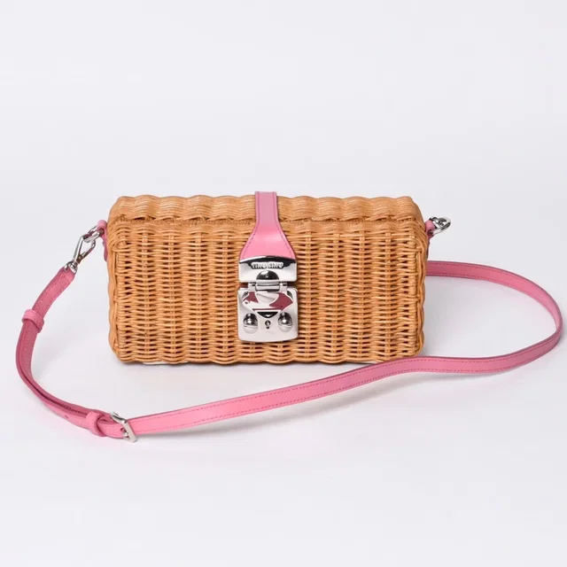 Miu Miu Shoulder Bag Basket Rattan Pink Brown Silver in Brown Raffia from The Reluxe