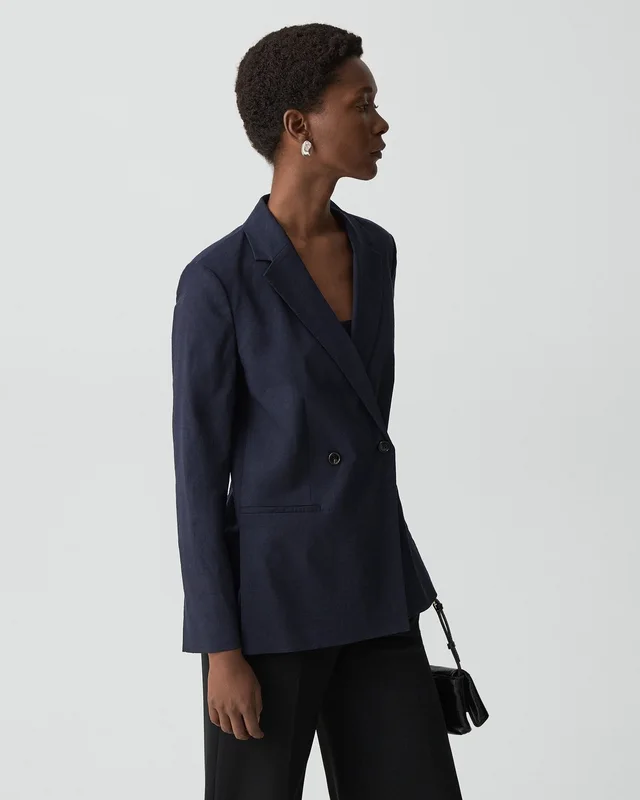 Theory Vented Double-Breasted Blazer in Good Linen in MIDNIGHT NAVY, photo 10 of 14 from Theory