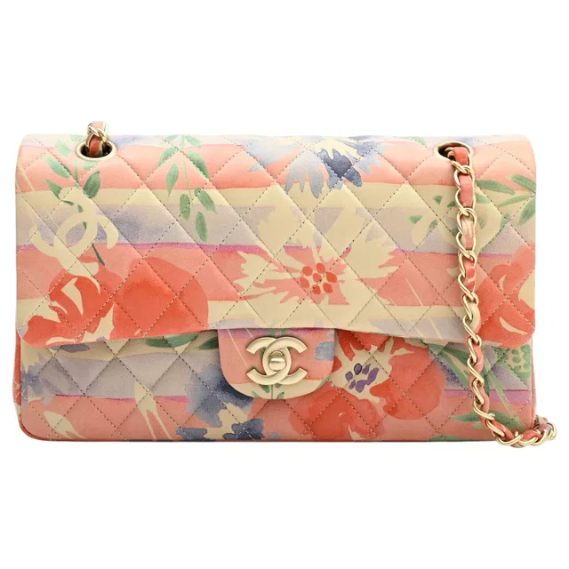 Chanel 2009 circa, Flower Pattern Watercolor Classic Flap Chain Bag 25cm Red/Blue/Multicolor in Red Lambskin from VINTAGE QOO TOKYO