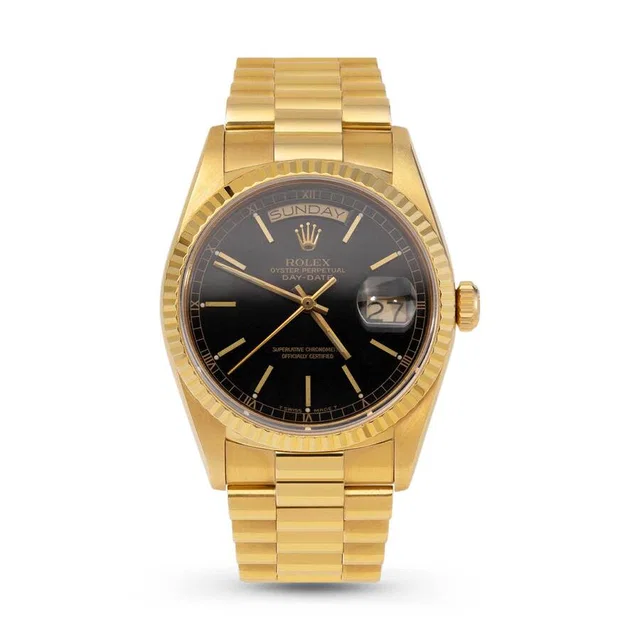 Rolex Day-Date Automatic Chronometer Black Dial Mens Watch 18038 BKSP in yellow|black|gold from Jomashop.com
