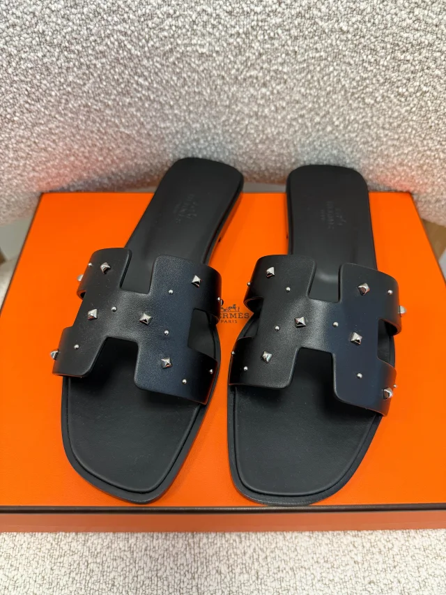 HK LOCATED*HERMÈS ORAN SANDAL Black With Medor Studs - Size 37.5 in Black Calfskin from Luxury Promise