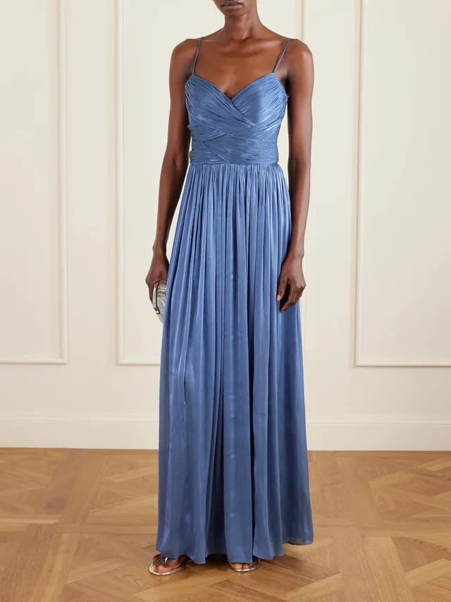 COSTARELLOS Sereen draped pleated metallic georgette gown in Blue, photo 2 of 2 from NET-A-PORTER (Canada)