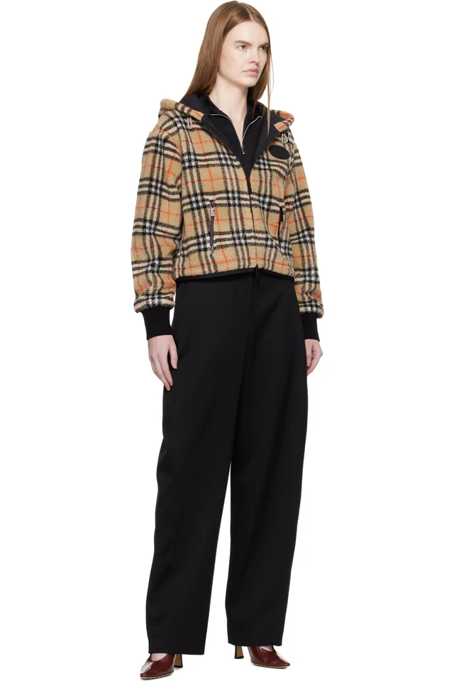 Burberry Beige Cropped Check Fleece Hooded Jacket, photo 4 of 4 from SSENSE