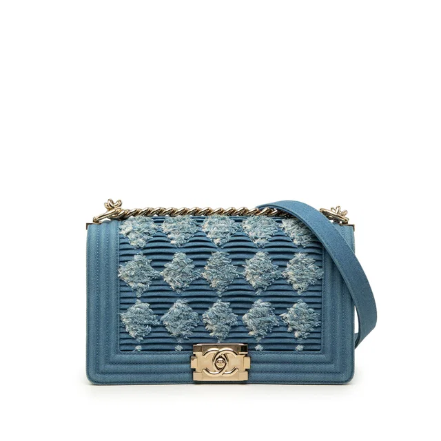 Blue Chanel Old Medium Pleated Denim Boy Flap Crossbody Bag in Blue Denim from Designer Revival