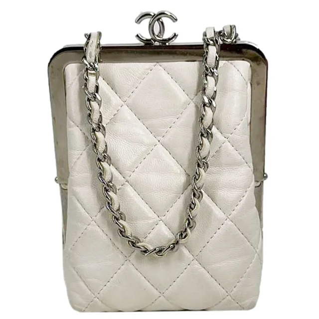 Chanel Kisslock Logo Plexiglass Quilted Lambskin Leather Clutch With Chain White in White Lambskin from Dallas Designer Handbags