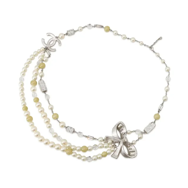 Chanel CC Logo Ribbon Motif Necklace Metal Rhinestone Faux Pearl from GALLERY RARE, photo 3 of 17
