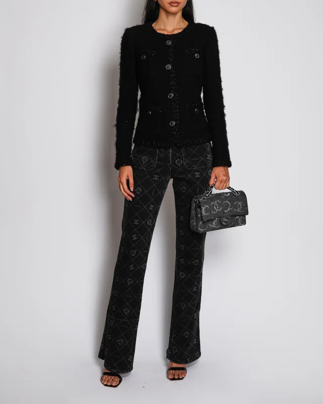 Chanel 2016 Pre-Fall Black Collarless Textured Wool Jacket with Metallic Black CC Buttons and Pocket… in Black Wool from Sellier
