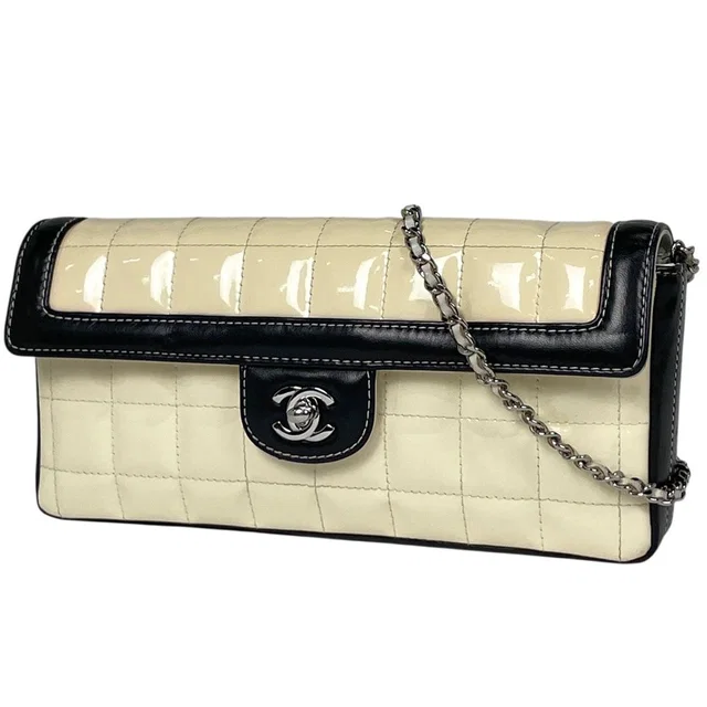 Chanel Shoulder Bag CC Logo Chocolate Bar Patent Leather White Black in Black Patent leather from The Reluxe