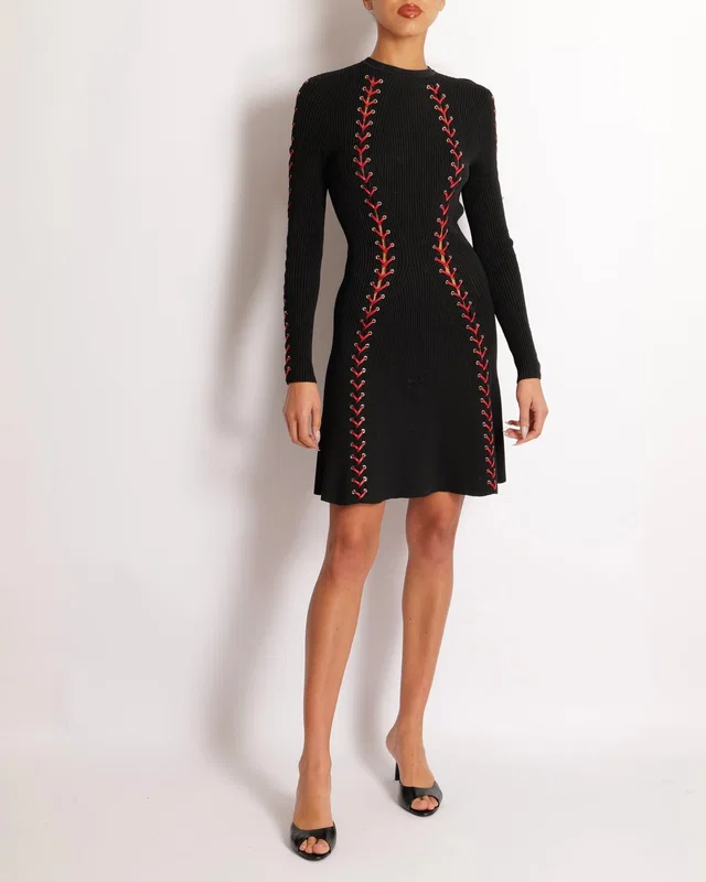 Alexander McQueen Fall 2017 Black Knit Ribbed Mini Dress with Red Leather Tie Details Size S (UK 8) in Black Leather from Sellier