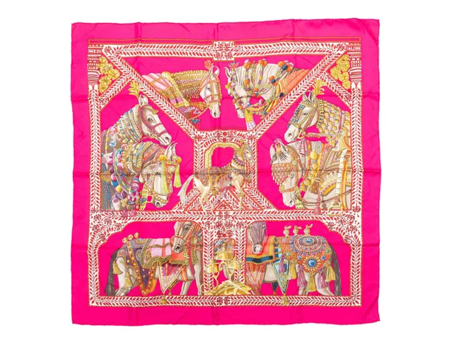 Fuchsia & Multicolor Hermes 'La Danse du Cheval Marwari' Motif Printed Silk Scarf in Pink Silk from Designer Revival
