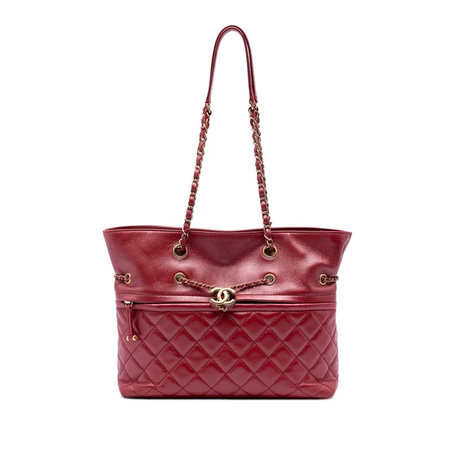 Red Chanel CC Quilted Calfskin Front Zip Drawstring Chain Tote in Red Calfskin from Designer Revival