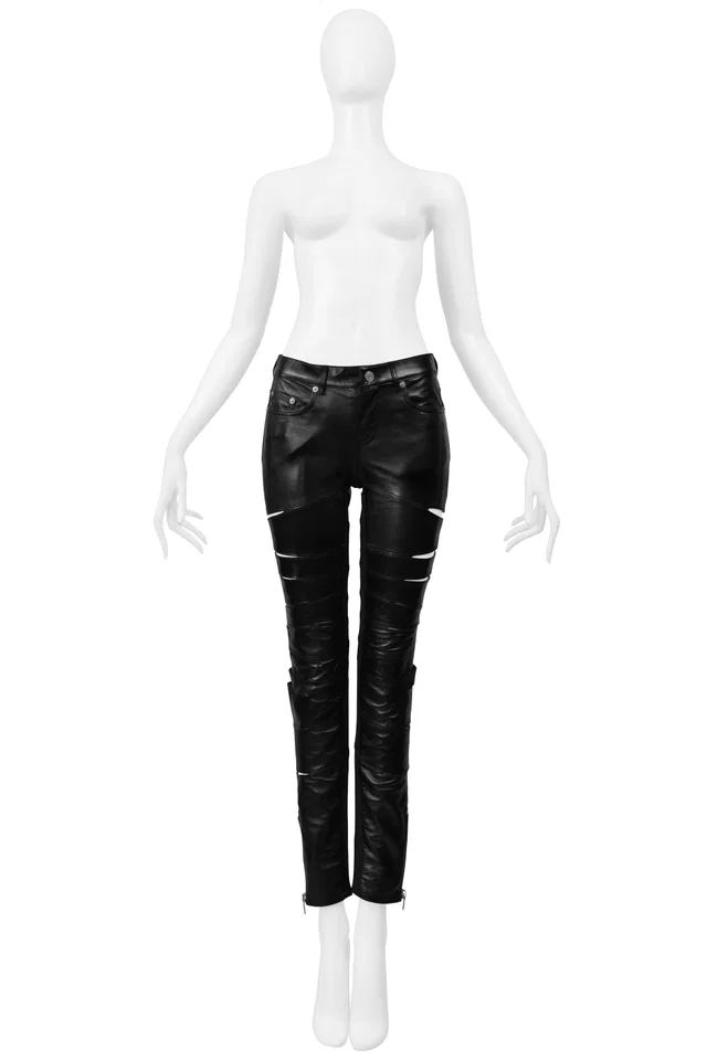 Saint Laurent By Hedi Slimane Black Leather Pants Slits in Black Leather from Resurrection Vintage