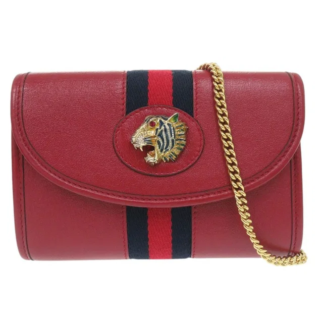 Gucci Rajah Web Stripe Chain Shoulder Bag Gold Leather Canvas Red Navy in Red Canvas from The Reluxe