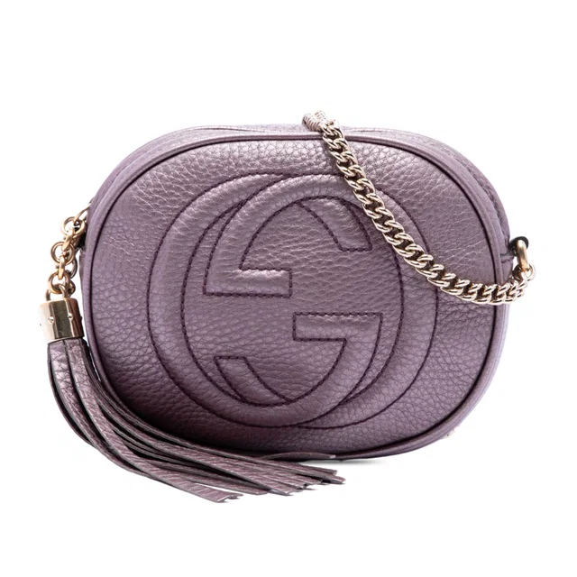 Purple Gucci Mini Metallic Pebbled Calfskin Soho Chain Crossbody in Purple Calfskin from Designer Revival