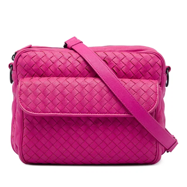 Pink Bottega Veneta Nappa Intrecciato Front Pocket Messenger Bag in Pink Nappa leather from Designer Revival