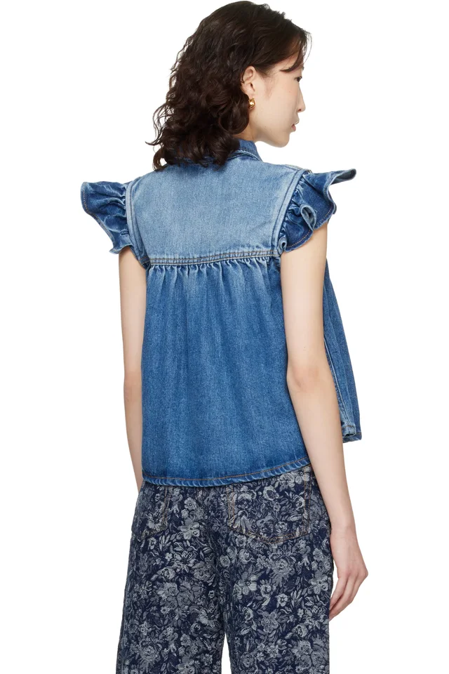 GANNI Blue Denim Ruffle Top, photo 3 of 4 from SSENSE