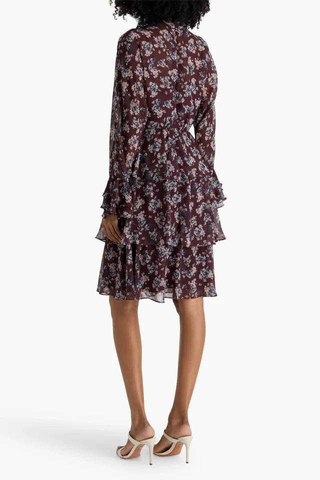 Mikael Aghal Tiered Floral-Print Georgette Dress in Red, photo 3 of 4 from THE OUTNET