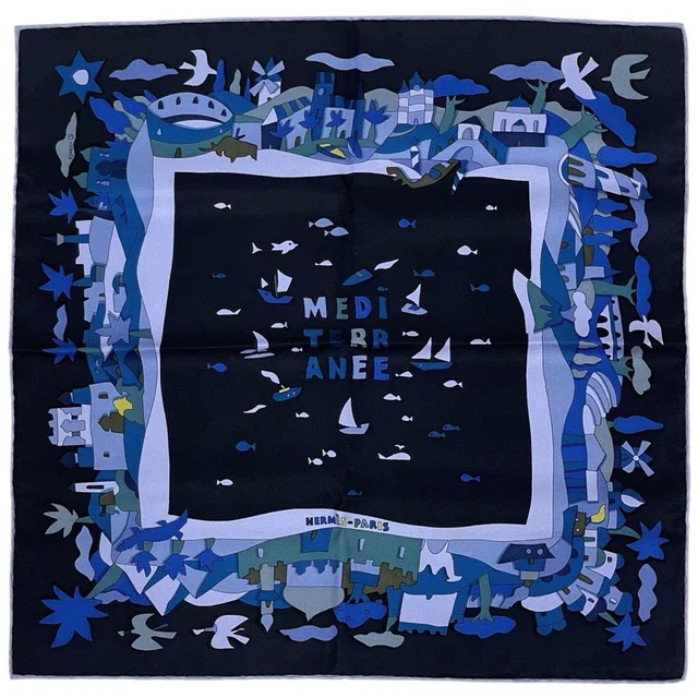 Hermès Petit Carre Mediterranee Scarf Mediterranean Silk Black Blue in Black Silk from The Reluxe