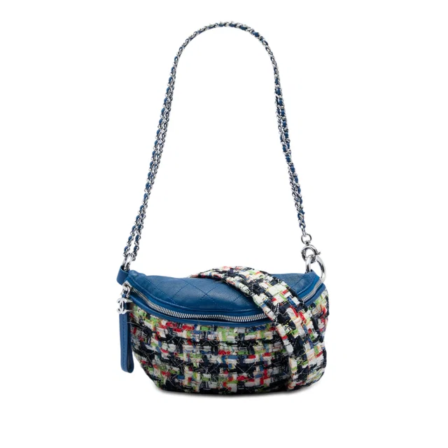 Blue Chanel Tweed and Stitched Calfskin Convertible Waist Bag Satchel in Blue Calfskin from Designer Revival