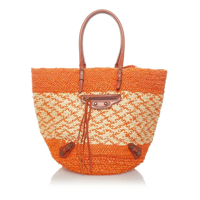 Balenciaga Orange Panier Raffia Tote Shoulder Bag in Orange Raffia from Labellov