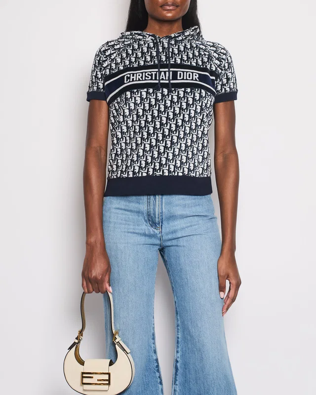 Dior Blue Oblique Print Short Sleeve Hooded Towelling Top Size XS (UK 6) in Blue from Sellier