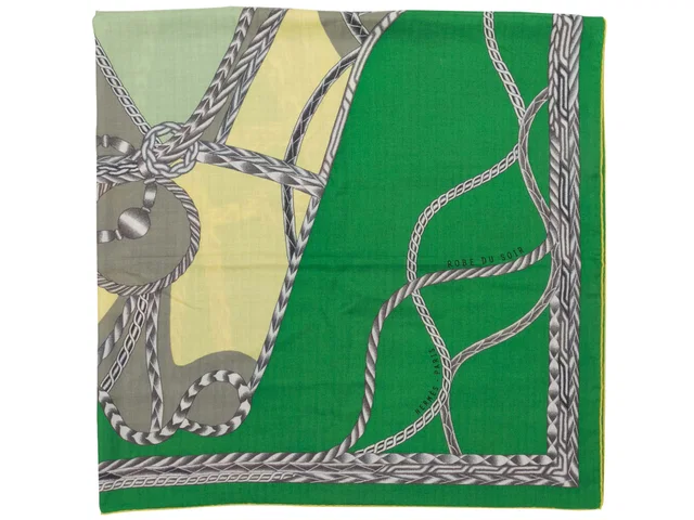 Green & Multicolor Hermes Cashmere & Silk Robe du Soir Shawl in Green Silk from Designer Revival