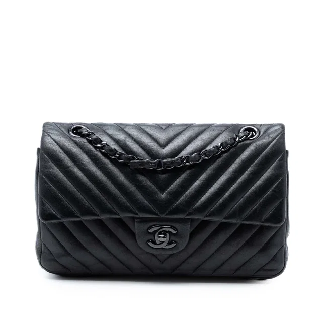 Black Chanel Medium Classic Chevron Lambskin So Black Double Flap Shoulder Bag in Black Lambskin from Designer Revival