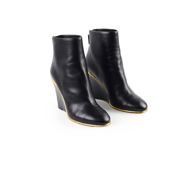 Chanel Cap Toe Wedge Boots in Black Lambskin from The Purse Affair